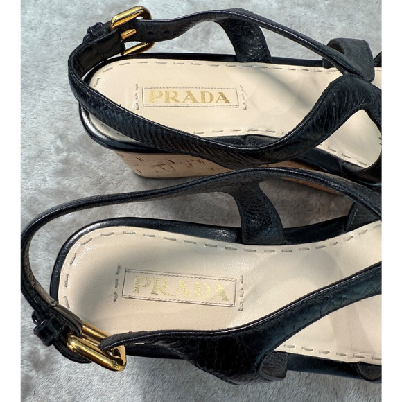Prada Vintage Black Leather Cork Wedge Slingback Sandals EU 39 US 8 - Picture 5 of 8